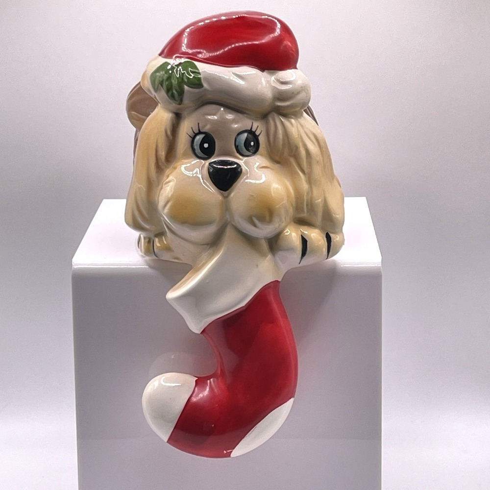 Vintage Anthropomorphic Puppy Dog Ceramic Christmas Stocking Holder‎ Hanger 1985
